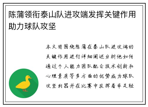 陈蒲领衔泰山队进攻端发挥关键作用助力球队攻坚
