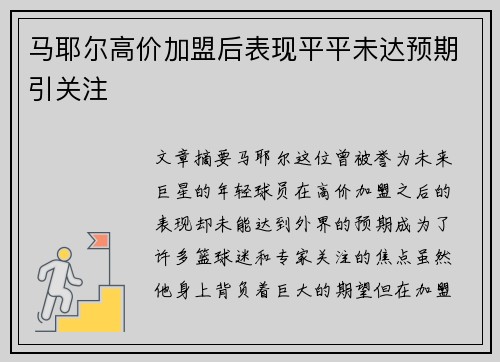 马耶尔高价加盟后表现平平未达预期引关注
