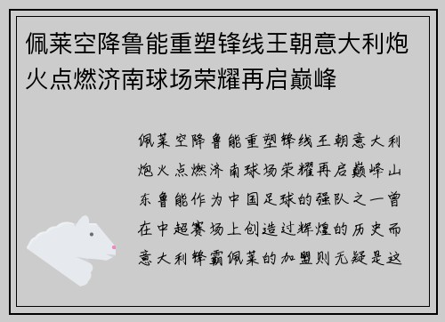 佩莱空降鲁能重塑锋线王朝意大利炮火点燃济南球场荣耀再启巅峰 佩莱空降鲁能重塑锋线王朝意大利炮火点燃济南球场荣耀再启巅峰