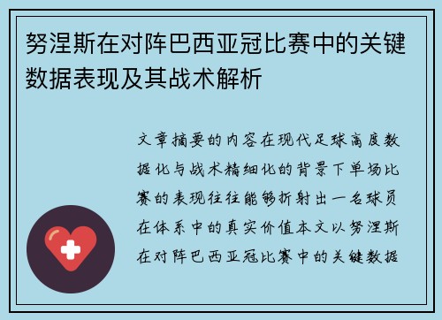 努涅斯在对阵巴西亚冠比赛中的关键数据表现及其战术解析 努涅斯在对阵巴西亚冠比赛中的关键数据表现及其战术解析